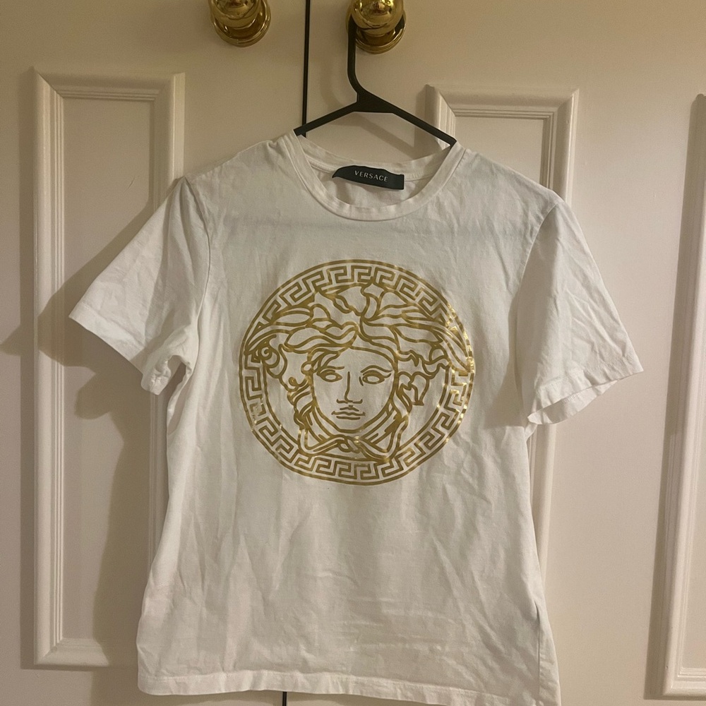 Versace White Tee with Gold Medusa Logo